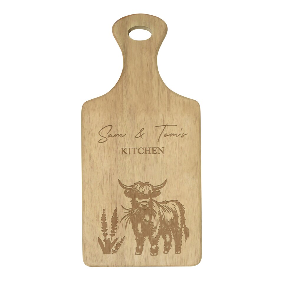 image 1 of Personalised Highland Cow Paddle Chopping Board Brown