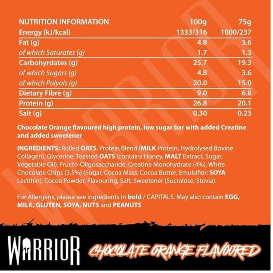 image 1 of Warrior Creatine  Protein Bars 12 x 75g – 20g High Protein Bar, 5g Creatine, Low Sugar High Fibre Oat  Bars, Meal Replacement Bars (Chocolate Orange)