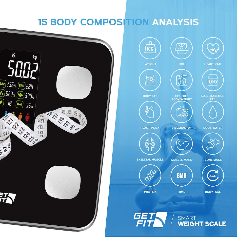 image 1 of Get Fit Smart Body Fat Bathroom Scales - Monitor Weight Loss, Digital Weighing Scale, Monitor 15 Compositions Free App & Large VA Led Screen | Black | 28x28cm | 1