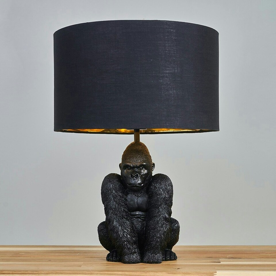 image 1 of ValueLights Modern Matt Black Sitting Gorilla Monkey Table Lamp With Black Gold Drum Shade Black