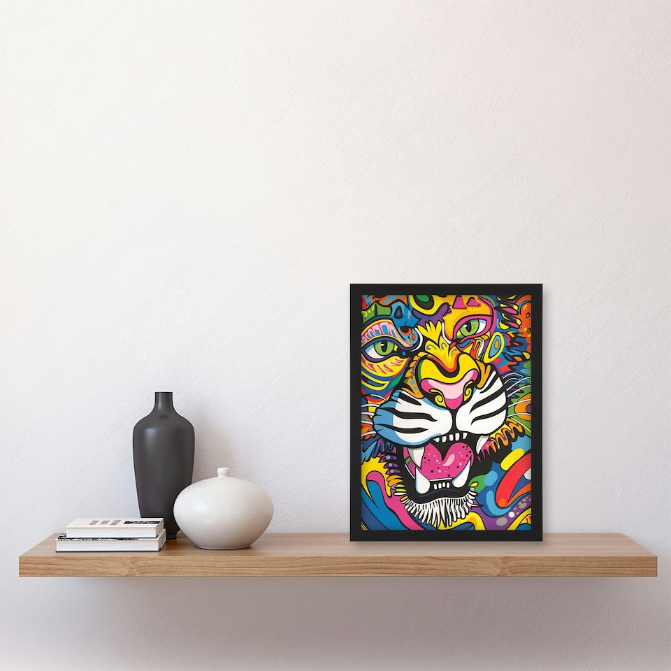 image 1 of Colourful Arty Tiger Portrait Fun Bold Hippy Black Framed Wall Art Print A4