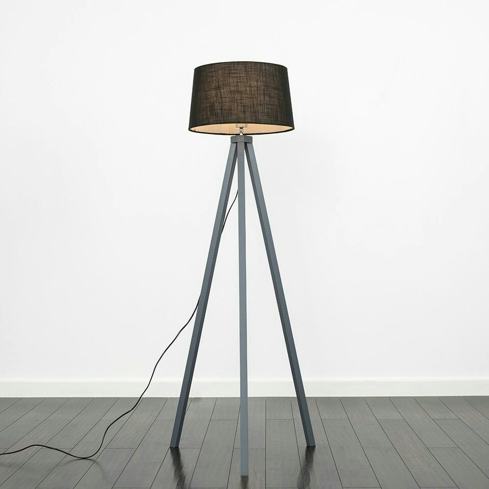 image 1 of ValueLights Modern Grey Wood Tripod Floor Lamp With Black Faux Linen Shade