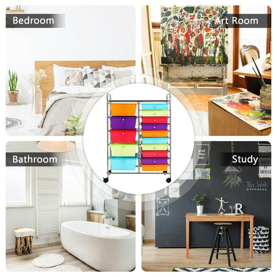 image 1 of COSTWAY 15 Drawers Storage Trolley Rolling Utility Cart Multi-color