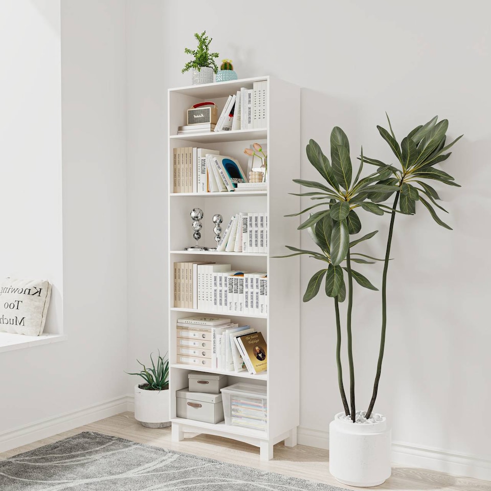 image 1 of Wide Shelf Tier Wooden Bookcase Shelving Modern Open Display Storage Cabinet | White | White 6 Tier | 1