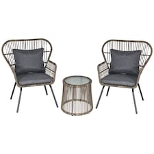 Outsunny 3 Pieces Rattan Bistro Set, Wicker Garden Furniture Set with Cushions, Glass Top Coffee Table and Chairs for Outdoor, Patio, Balcony, Grey
