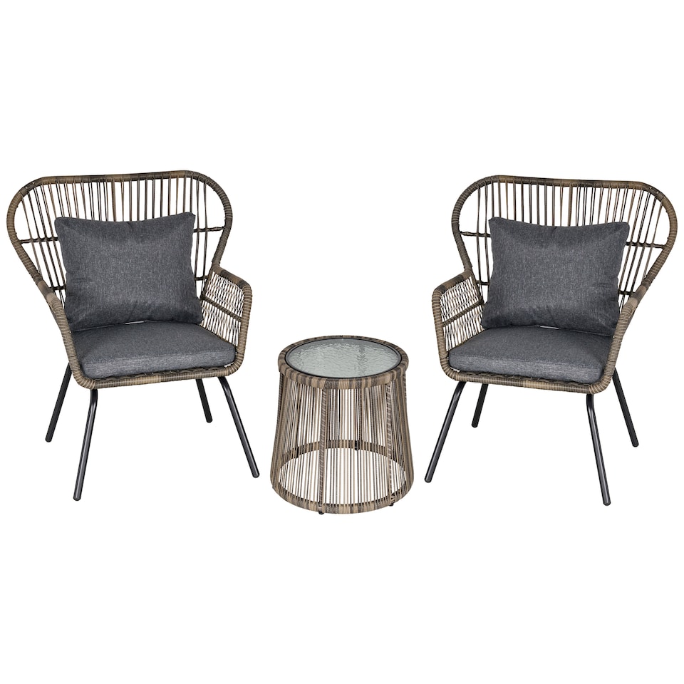 image 1 of Outsunny 3 Pieces Rattan Bistro Set, Wicker Garden Furniture Set with Cushions, Glass Top Coffee Table and Chairs for Outdoor, Patio, Balcony, Grey