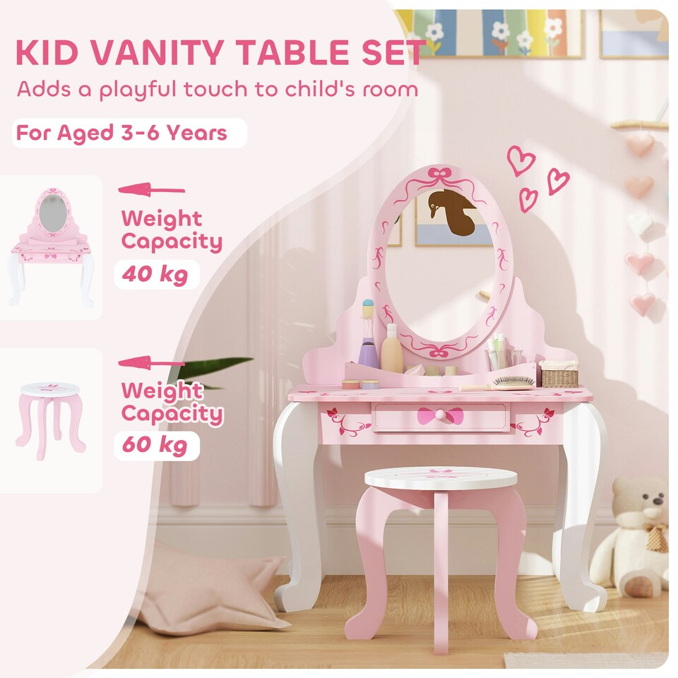 image 1 of AIYAPLAY Kids Dressing Table Set, 2 PCS Children Vanity Table with Stool Pink