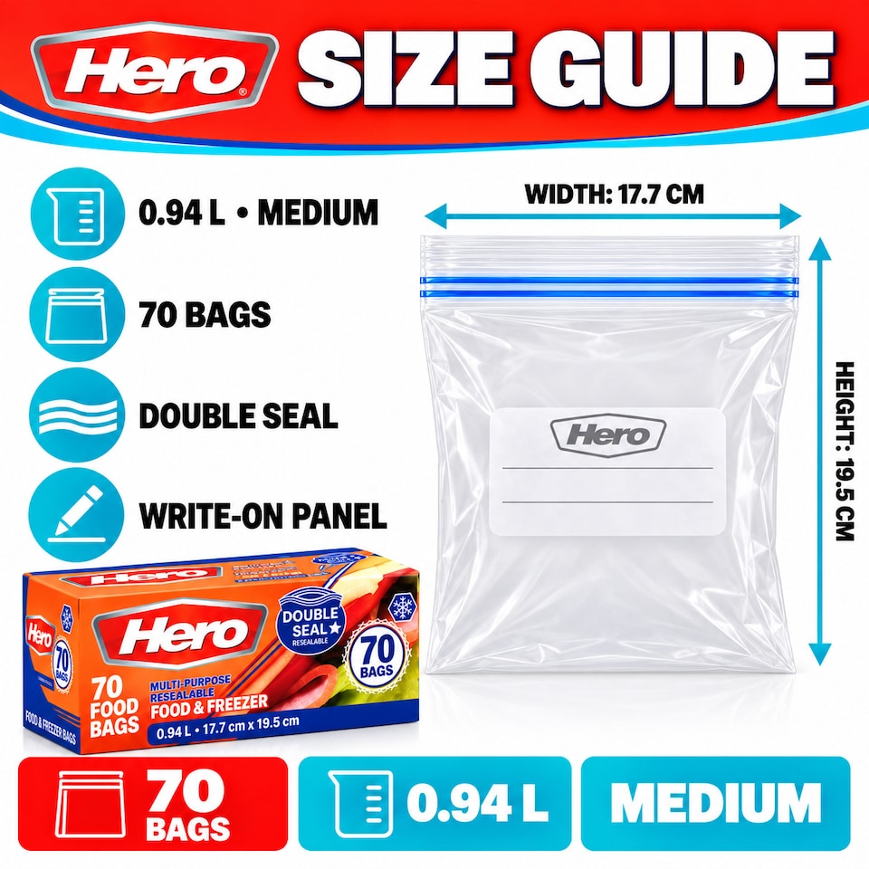 image 1 of Hero 70 Medium 1L Resealable Freezer Bags – Reusable Ziplock Food Storage Bags with Write-On Label – BPA Free Sandwich & Freezer Bags