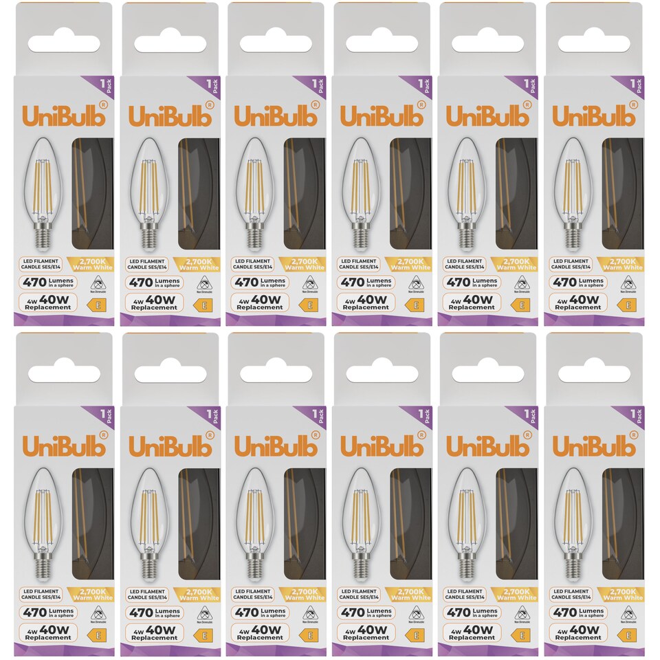 image 1 of UniBulb LED Filament Candle E14 Small Edison Screw (SES) 470lm 4W (Replaces 40W) 2700K (Warm White) Light Bulb - Pack of 12