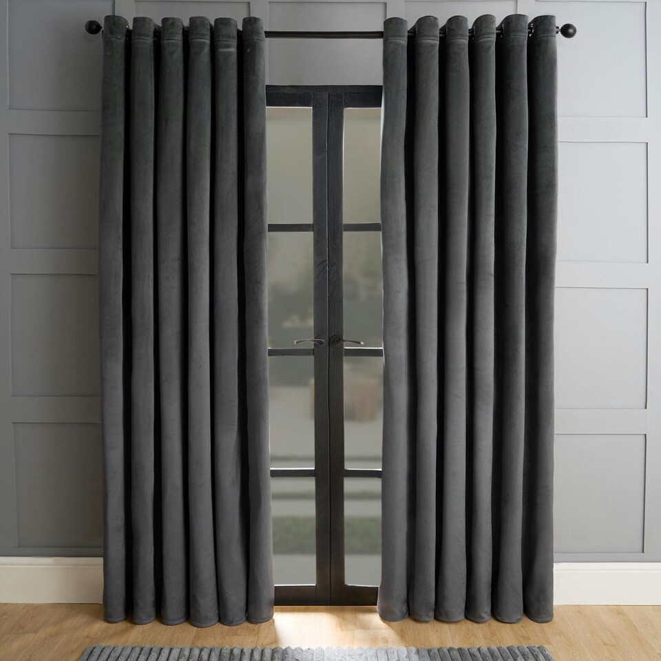 image 1 of OHS Matte Velvet Thermal Lined Eyelet Curtains, 90x90" - Charcoal