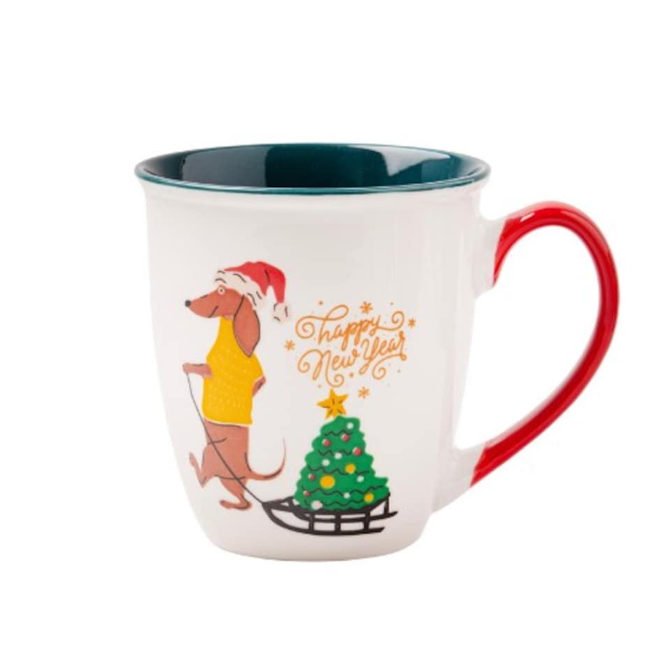 image 1 of Christmas Dachshund Dog Mugs 350ml | Multi | Dachshund Dog Sledding Tree | 350ml | 1