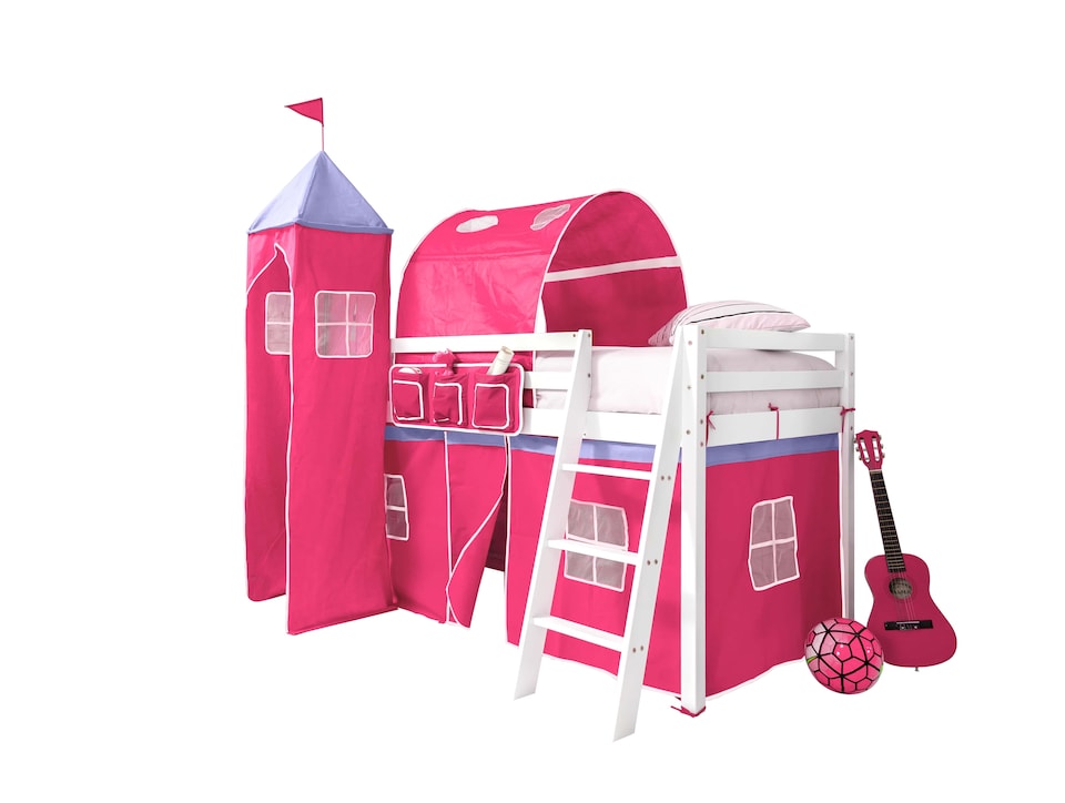 image 1 of Moro Cabin Bed Midsleeper with Cotton Pink Tent, Tower & Tunnel in White