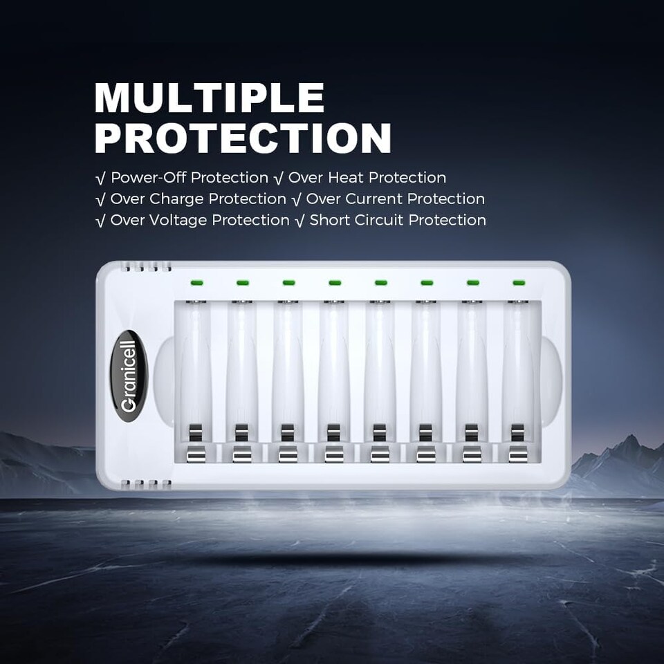 image 1 of Granicell 8 Bay AA AAA Battery Charger, USB Smart Battery Charger, Type-C Connector with LED Display, Individual Slots for Ni-MH Ni-CD Rechargeable Batteries