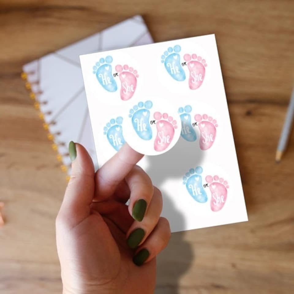 image 1 of He or She Gender Reveal Round Stickers 88mm - Sheet of 6