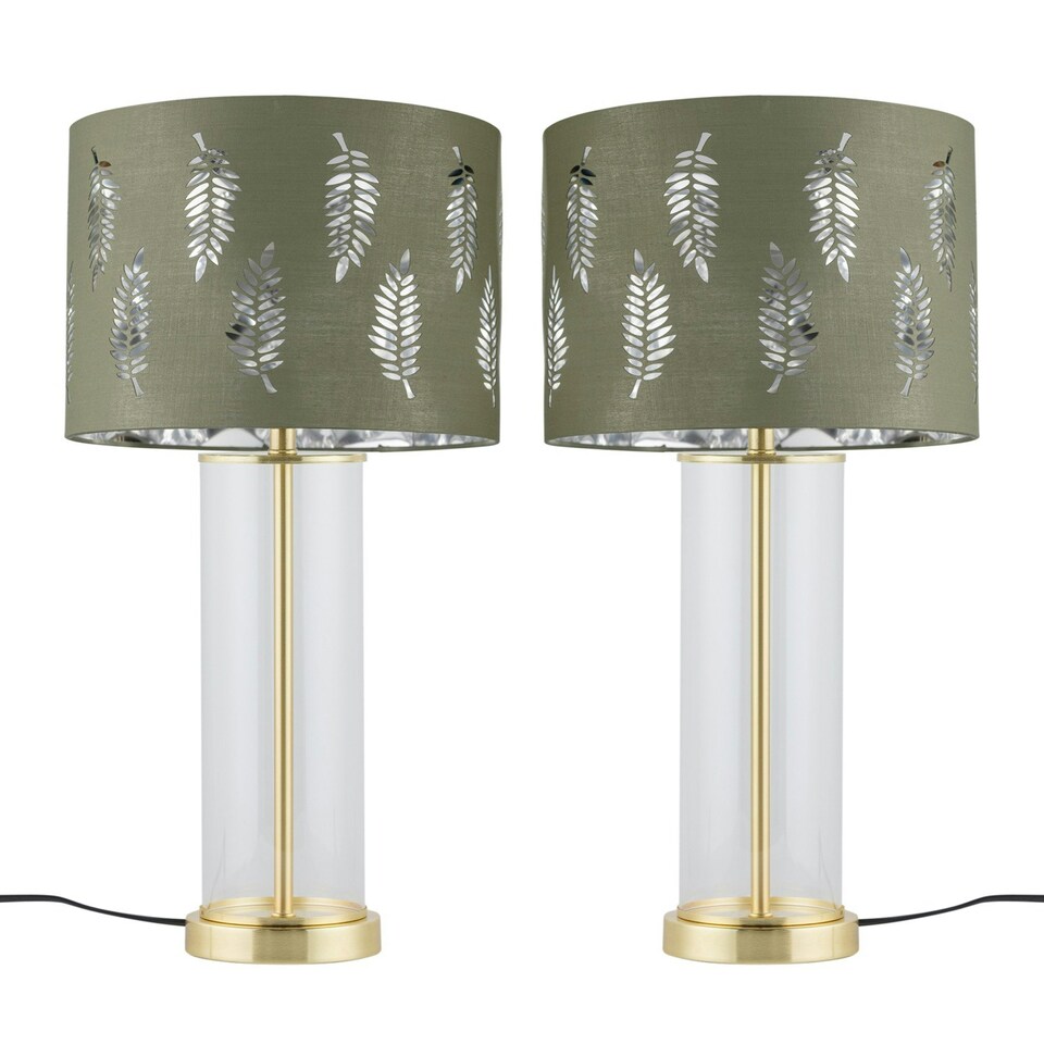 image 1 of Set of 2 Aura - Satin Brass Lamps with Sage Green Fern Silver Shades Bronze | Green