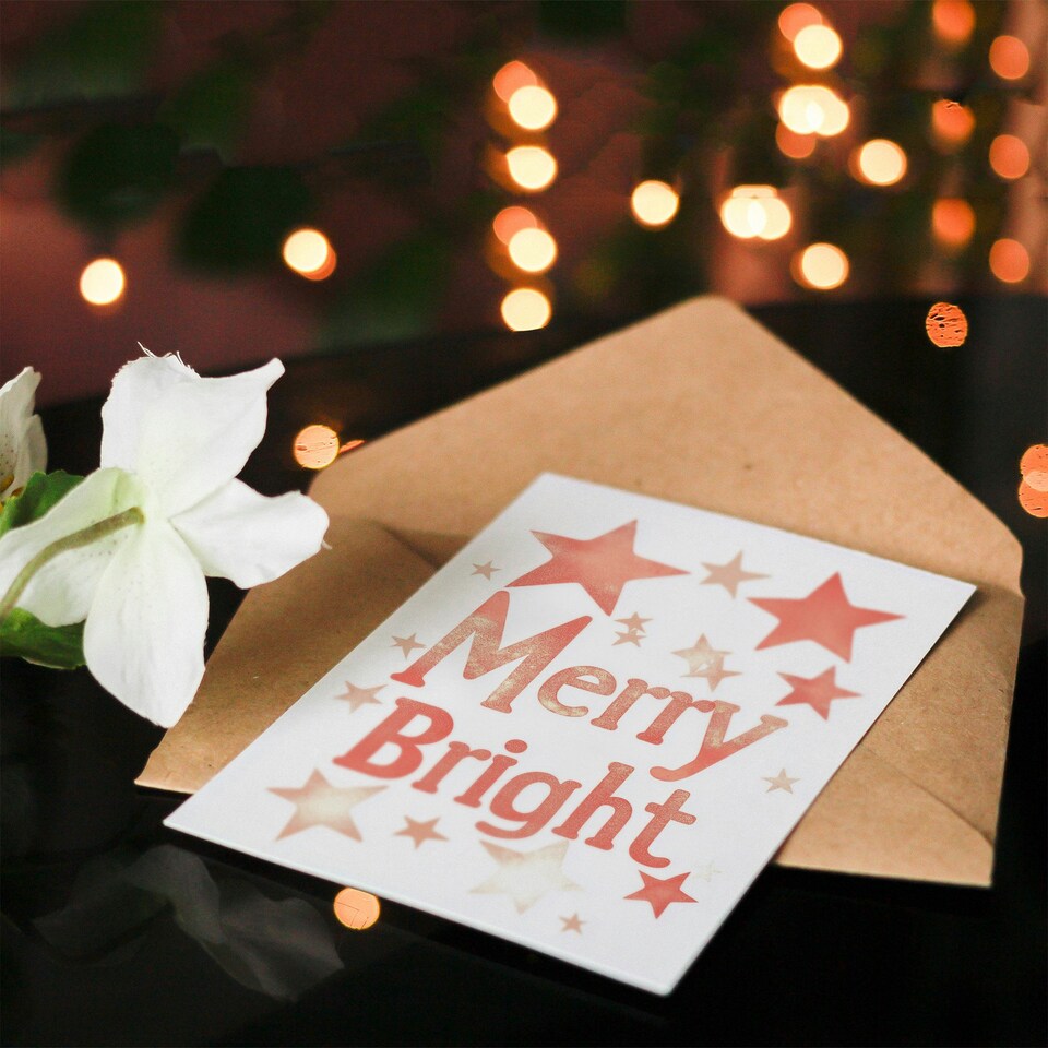 image 1 of Merry Bright Soft Pink Stars Bright Modern For Her Woman Christmas Card