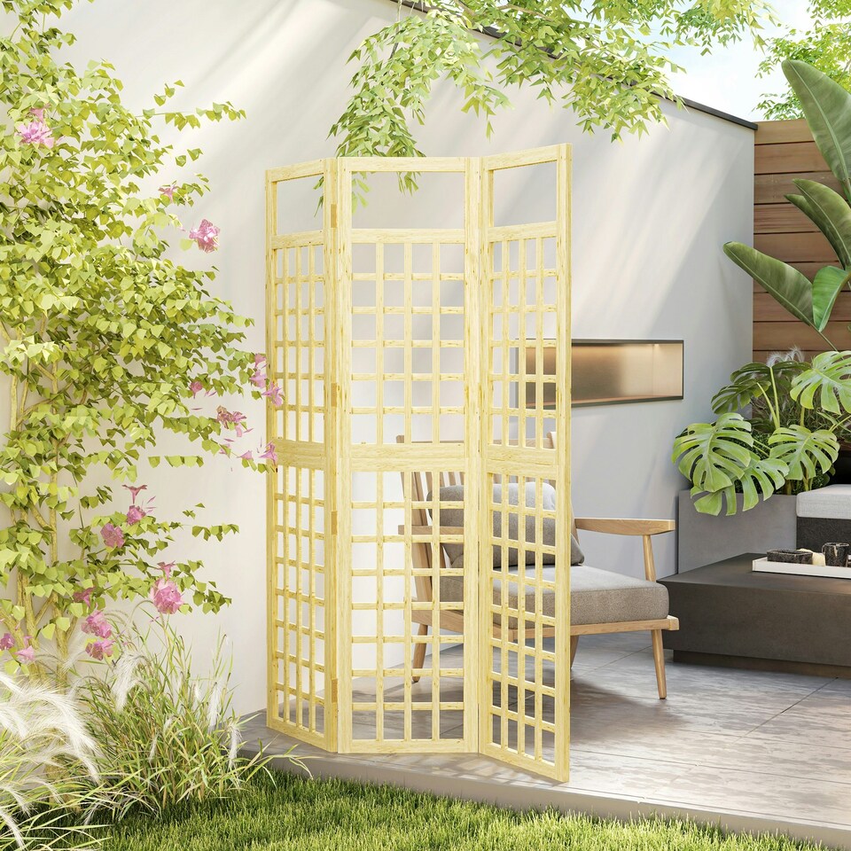 image 1 of Outsunny 3-Panel Wooden Garden Privacy Screen, Natural Wood Finish Yellow