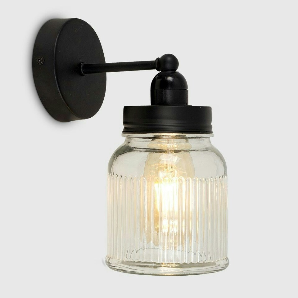 image 1 of ValueLights Industrial Satin Black Pipework Single Wall Light With Clear Glass Jar Shade Black