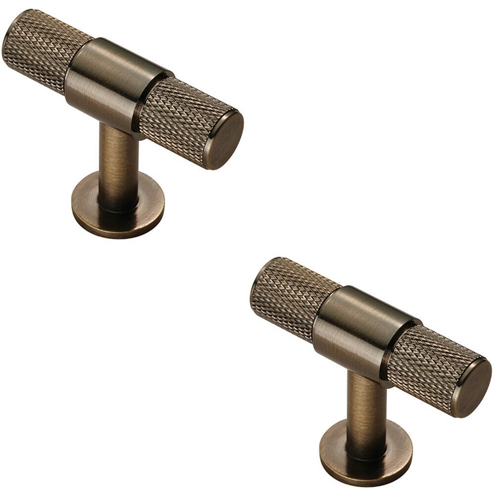 Loops 2x Knurled Cupboard T Shape Pull Handle 50 x 13mm Antique Brass Cabinet Handle in Metallics