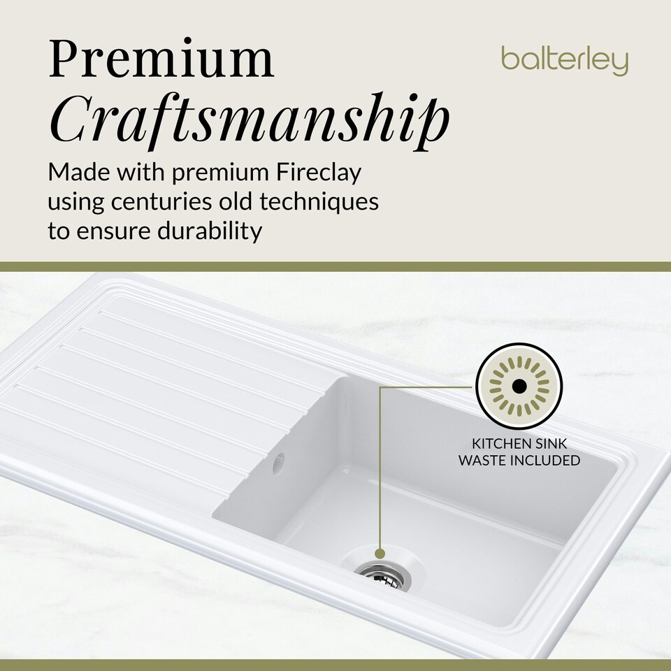 image 1 of Single Bowl Fireclay Ceramic Inset Kitchen Sink & Drainer with Compatible Waste - 1010mm