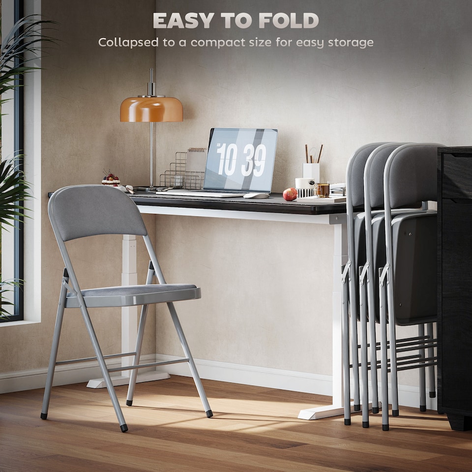 image 1 of HOMCOM Folding Chairs Set of 4, Foldable Chairs with Cushions, Light Grey | Grey | Light Grey | One Size