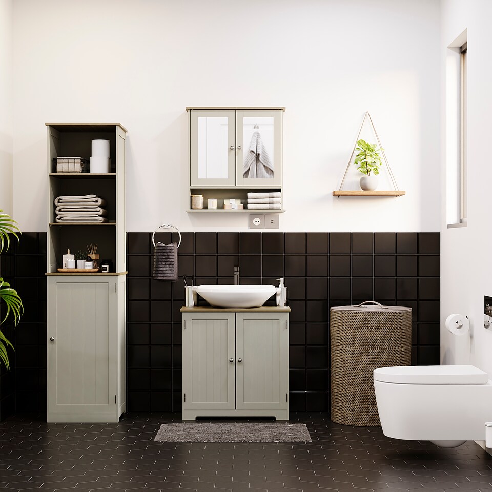 image 1 of Bath Vida Priano 1 Door 2 Shelf Tall Bathroom Cabient, Grey & Oak