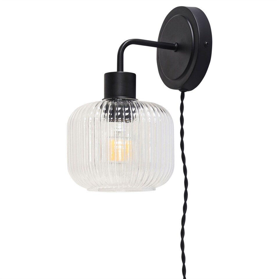 image 1 of Set of 2 Toby - Black Plug in Wall Lights Barrel Ribbed Glass