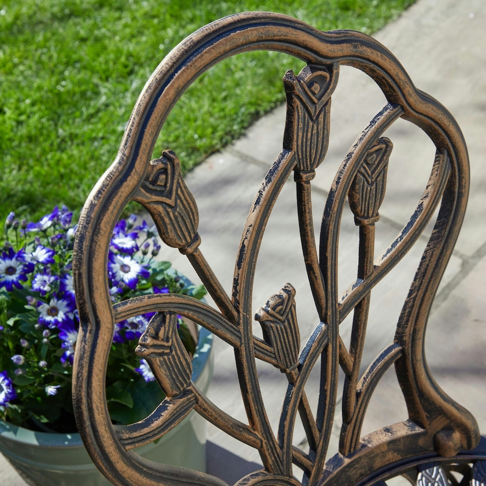 image 1 of Brown Bistro Set Outdoor Garden Patio Floral Table and 2 Chairs Aluminium Frame