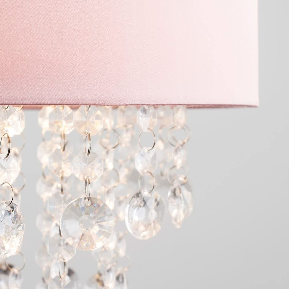 image 1 of ValueLights Pink Cylinder Ceiling Pendant Light Shade with Clear Acrylic Jewel Effect Droplets - Complete with a 10w LED GLS Bulb 3000K Warm White