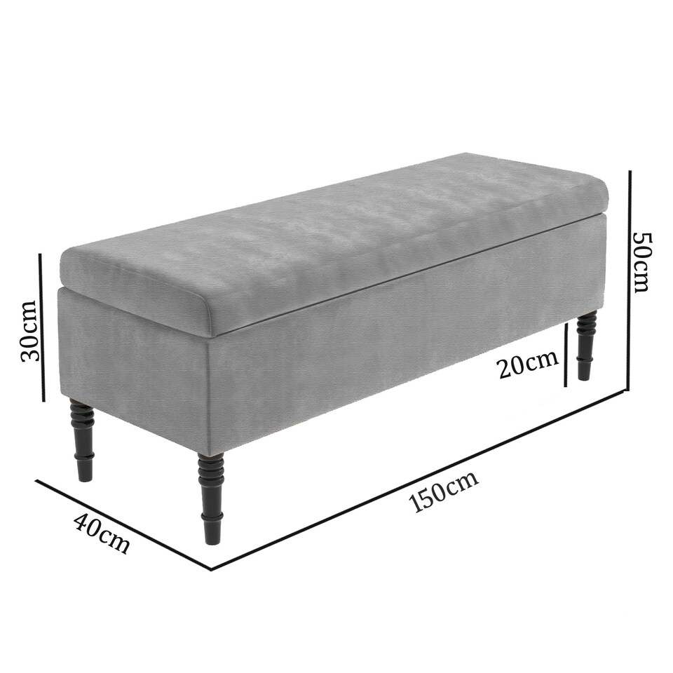 image 1 of 150cm Paris Plain Ottoman Storage Bench -Naples Shoes Bench with Black Turned Wooden Legs - Grey Upholstery Storage Footstool