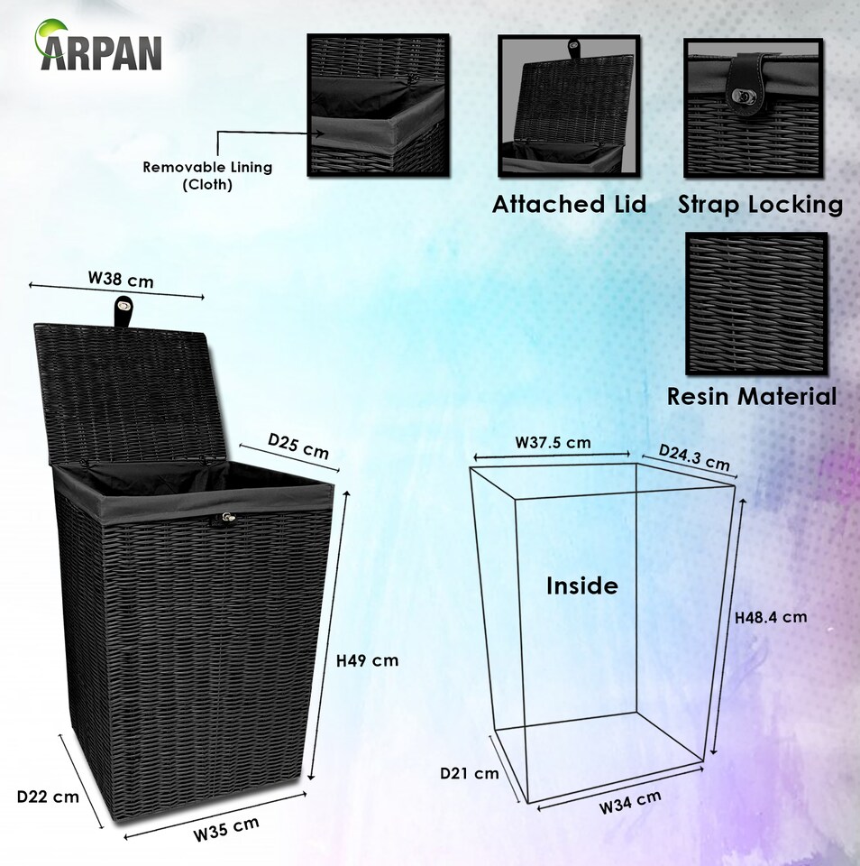 image 1 of Black Resin Laundry Clothes Basket with Lid, Lock & Removable Washable Lining – Wicker Effect Laundry Storage Hamper for Bedroom, Bathroom & Utility Room