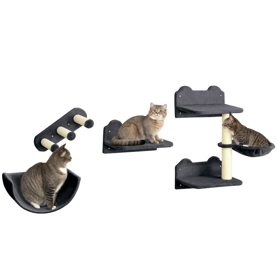image 1 of PawHut Wall Mounted Cat Tree 4PC Kitten Activity Centre with Sisal Dark Grey