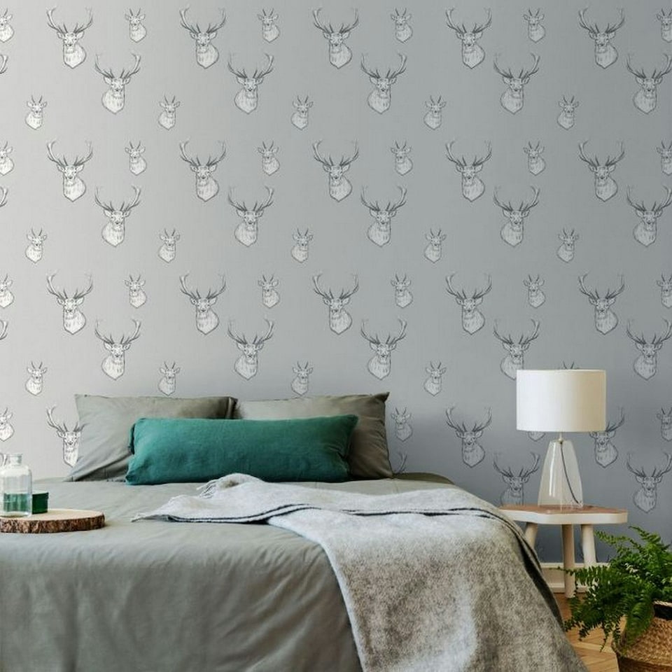 image 1 of Muriva Catherine Lansfield Stag Head Wallpaper - Light Grey - 32.1ft x 21in Grey