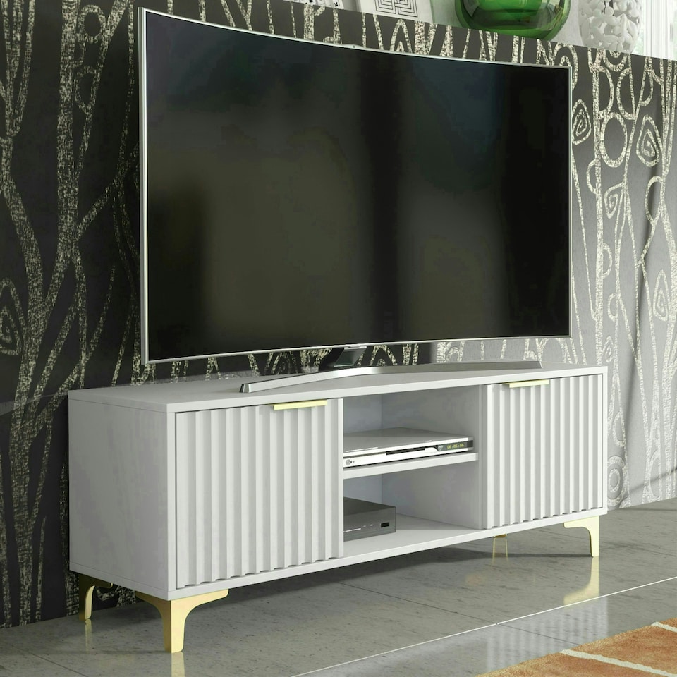 image 1 of Bold TV unit 120cm white ribbed fronts gold accents | White | One Size | 1