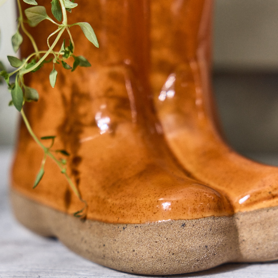 image 1 of Orange Double Wellington Boots Large Ceramic Indoor Outdoor Flower Pot Garden Planter Pot H29.5 x W24cm | Orange | Orange
