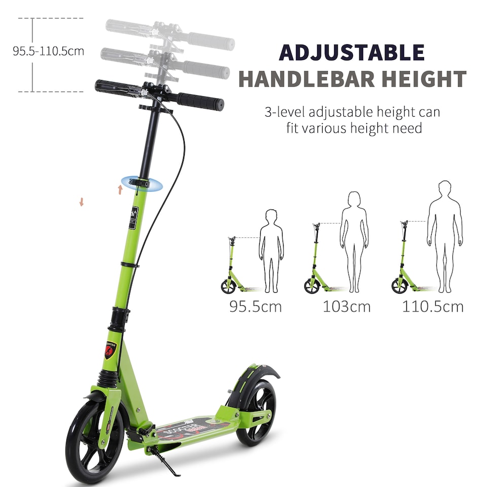 image 1 of HOMCOM Kick Scooter, Folding 2 Wheel Scooter with Dual Brake System, Dual Suspension, 230mm Big Wheels and 3 Adjustable Handlebar, for 14 older Teens Adults, up to 100KG, Green