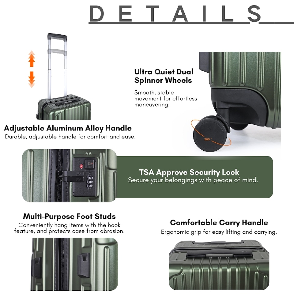 image 1 of 3 Piece Suitcase Set with Built-in Cupholder, Lightweight Luggage | Green | Hunter Green