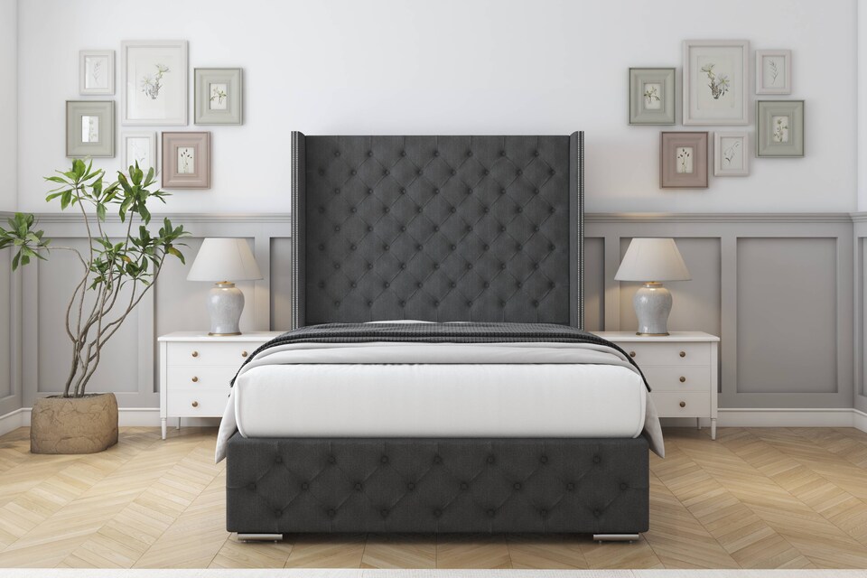 image 1 of Sloomy Arundel Graphite Dumfries Bed Frame With Mattress With 50"  Upholstered Wingback Headboard 5' King