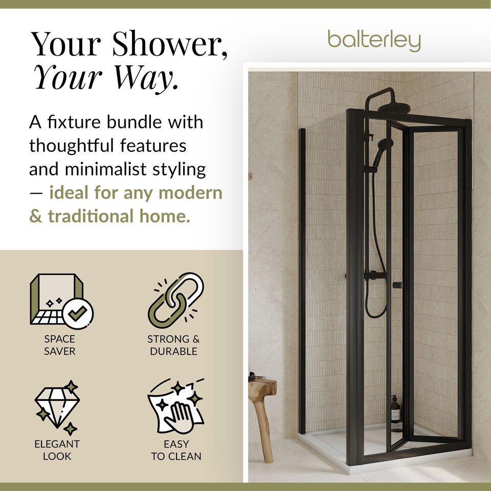 image 1 of Ruwa Square Bi-Fold & 4mm Glass 760x760mm Tray Door Side Panel Black | Black | Matt Black | 3