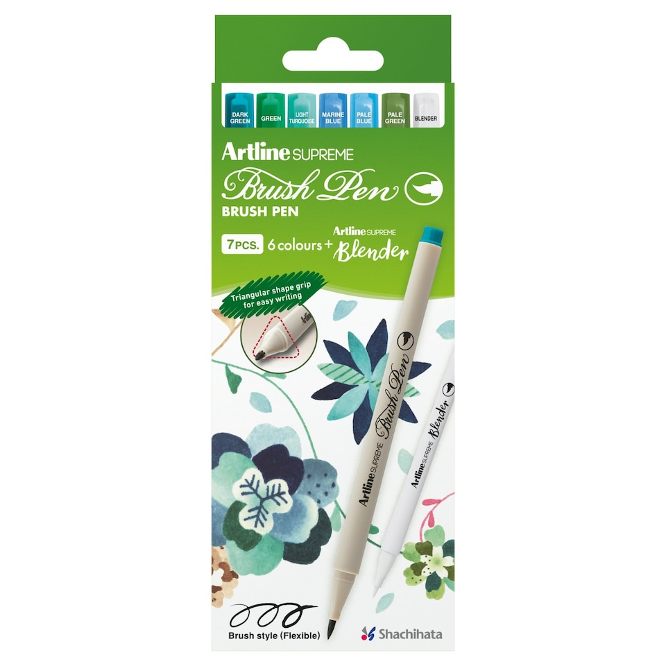 image 1 of Artline Supreme Brush Pens Assorted 7 Pack Green | Green, Dark Green, Light Turquoise, Marine Blue, Pale Blue, Pale Green
