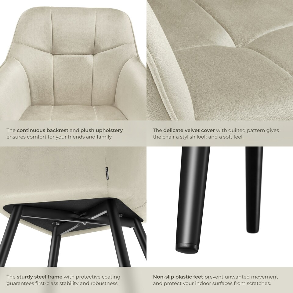 image 1 of Dining Chair Marilyn - velvet look, quilted pattern - per piece Cream | Cream/Black