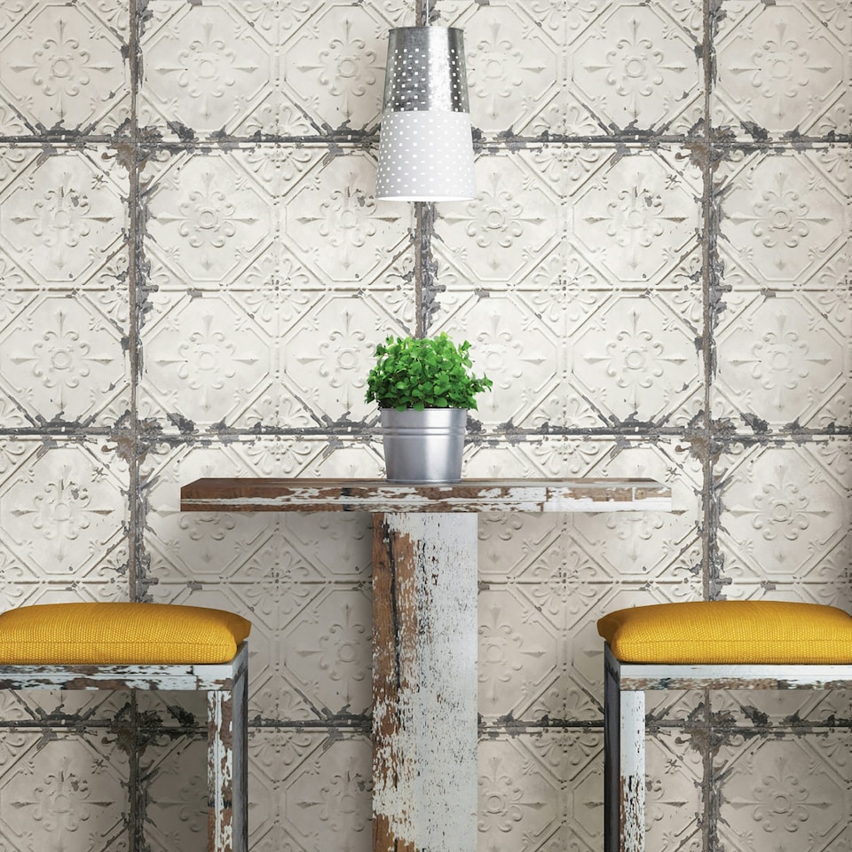 image 1 of NuWallpaper NUS2213 Vintage Tin Tile Peel & Stick Wallpaper, Silver Multi