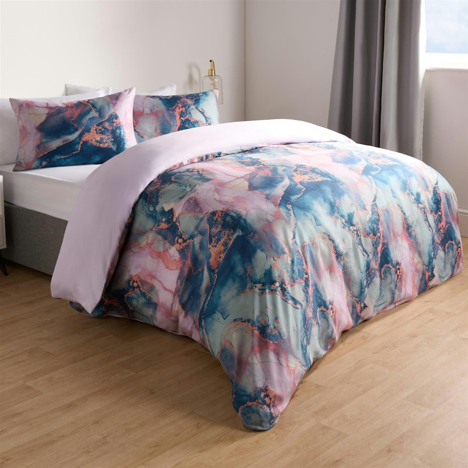 image 1 of OHS Marble Print Duvet Quilt Cover Bedding Set, Single - Lilac/Blue