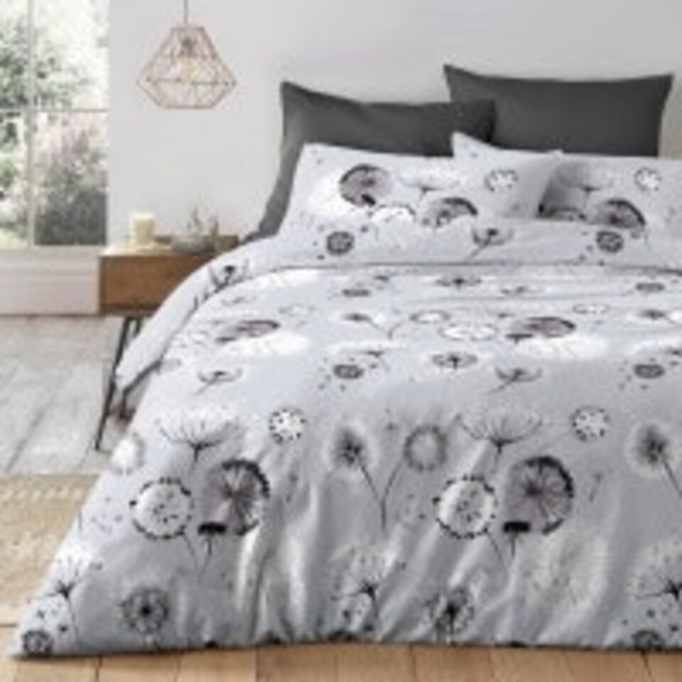 image 1 of Velosso Dandelion Printed Cotton Blend Duvet Cover and Pillowcase Set Grey | King
