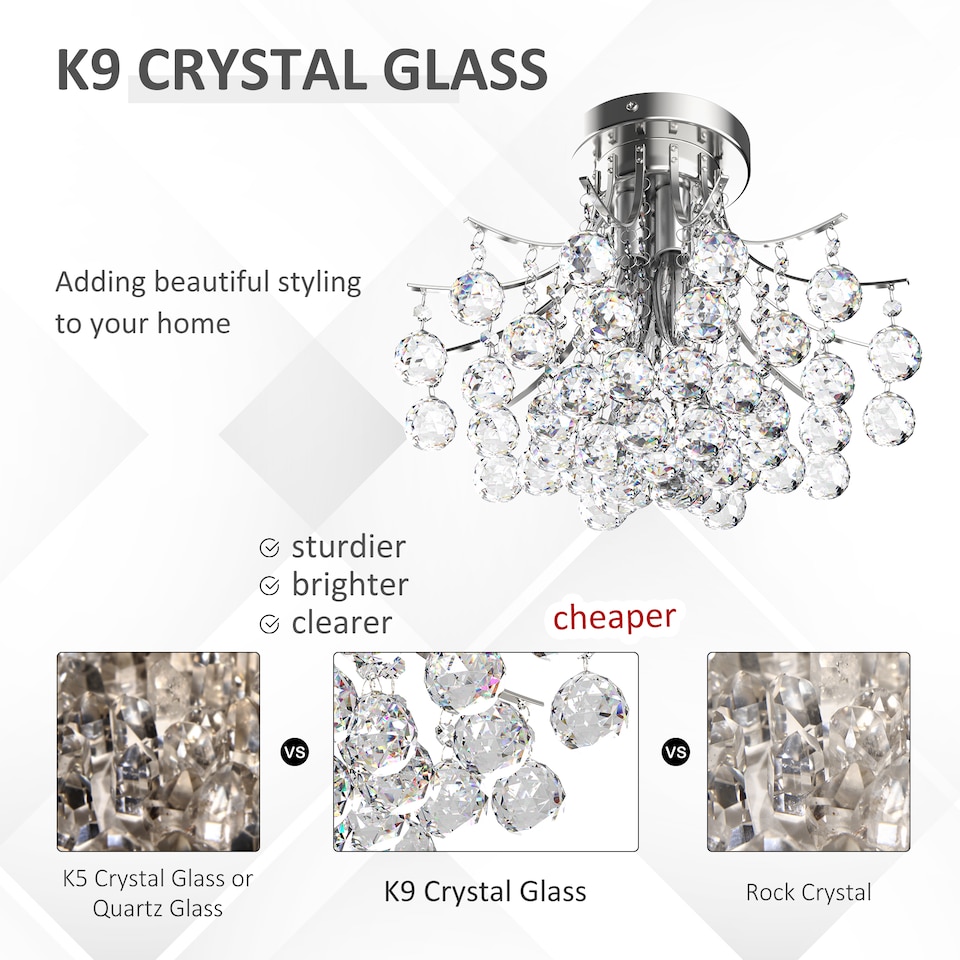 image 1 of HOMCOM Crystal Chandeliers, K9 Droplets Ceiling Light with 3 E14 Bulb Base, Pendant Lights for Living Room, Bedroom, Dining Room, Hallway, Kitchen
