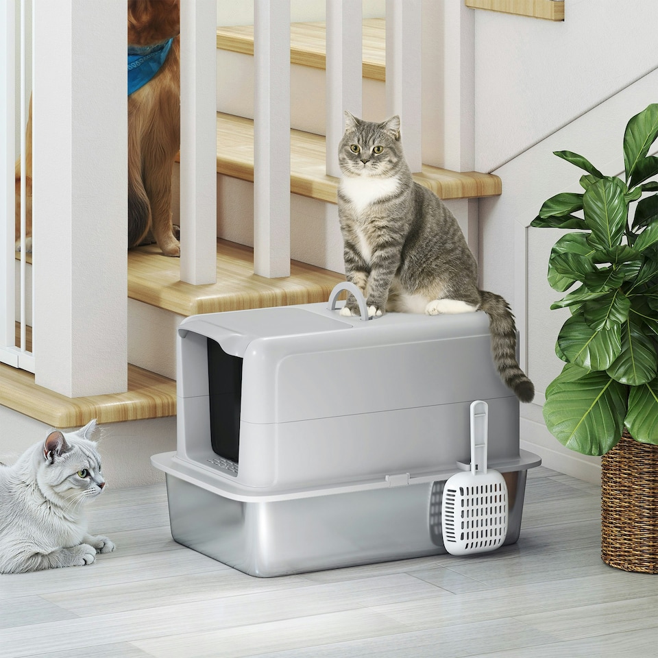 image 1 of PawHut Stainless Steel Cat Litter Box with Removable Lid, Scoop | Grey | One Size