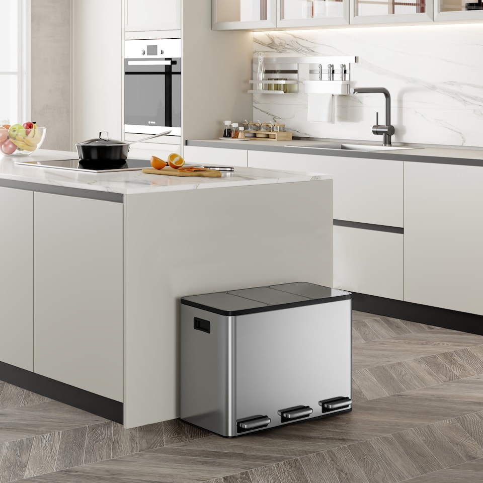 image 1 of 3 Compartment 45L Waste & Recycling Kitchen Bin (3 x 15L) | Silver | Stainless Steel | 45L