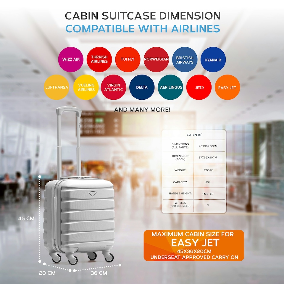 image 1 of 45x36x20cm EasyJet Free Underseat Carry-On Cabin Bag - Lightweight 4 Wheels ABS Hard Shell Suitcase Silver | Cabin Bag