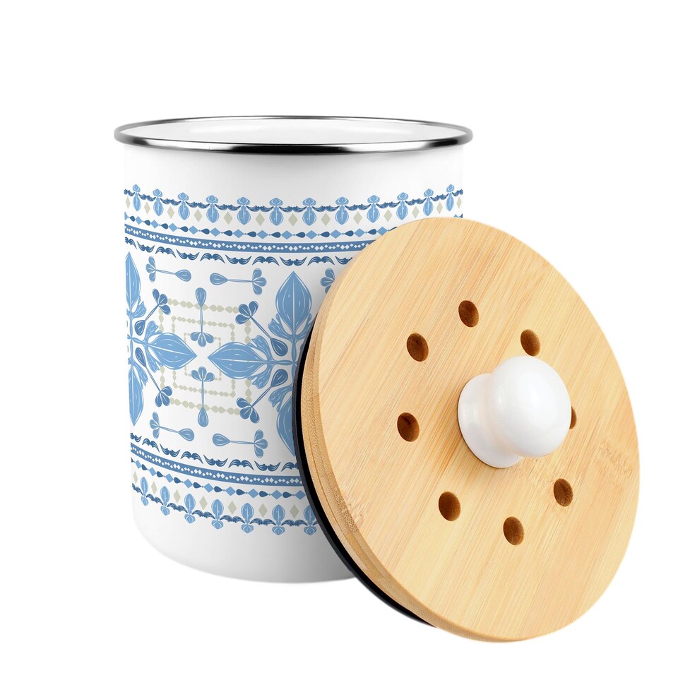 image 1 of Blue Folk Tile Food Waste Caddy - Metal 2L Decorative Kitchen Compost Bin