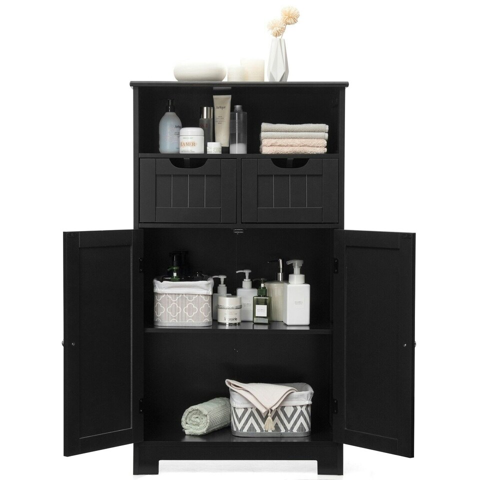 image 1 of COSTWAY Bathroom Cabinet Wooden Storage Cupboard Black Black